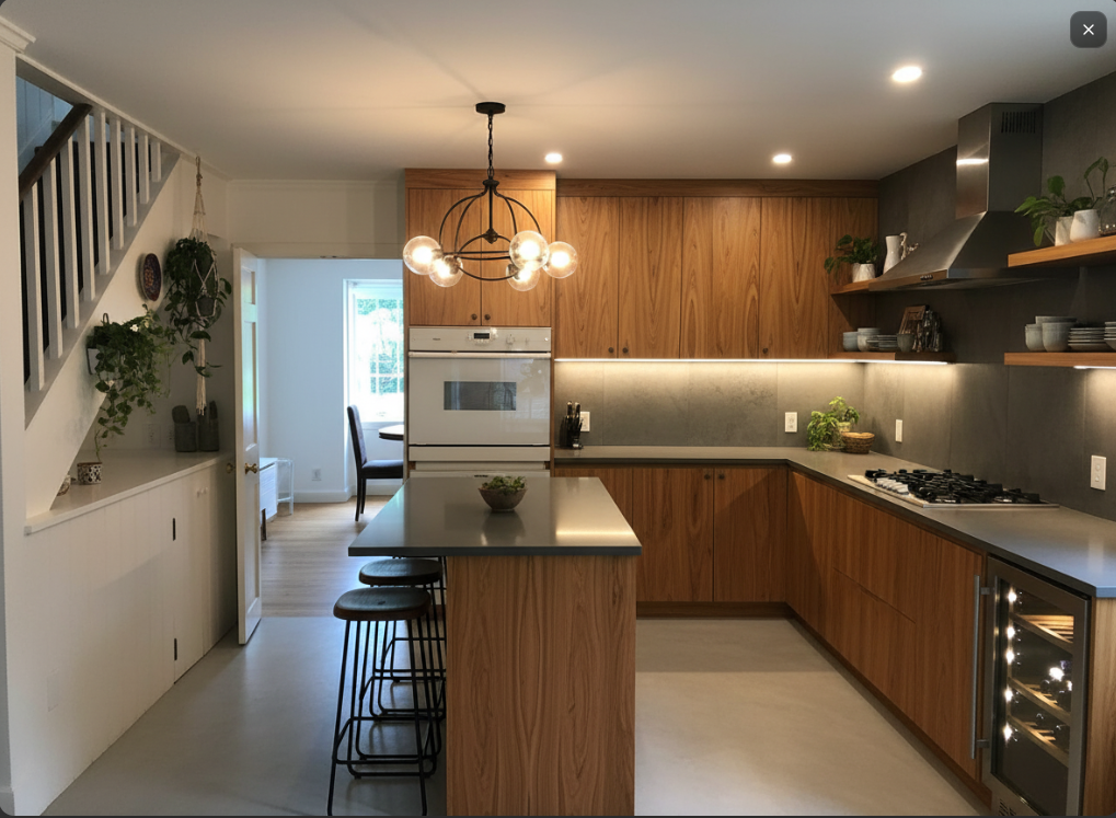 La misma cocina reimaginada por el Visualizador IA — madera cálida, plantas y luz natural