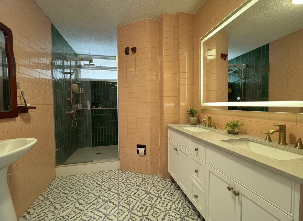 Baño remodelado con piso de baldosa estampada