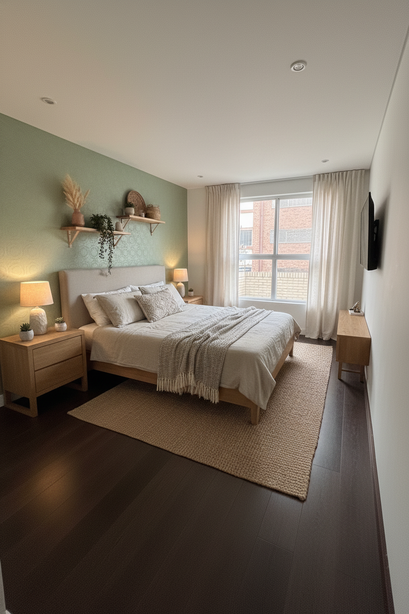 Dormitorio remodelado con pared en verde salvia