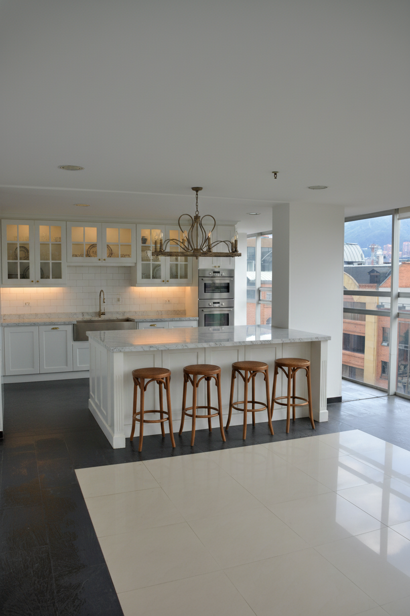 Cocina remodelada con isla y vista a la ciudad