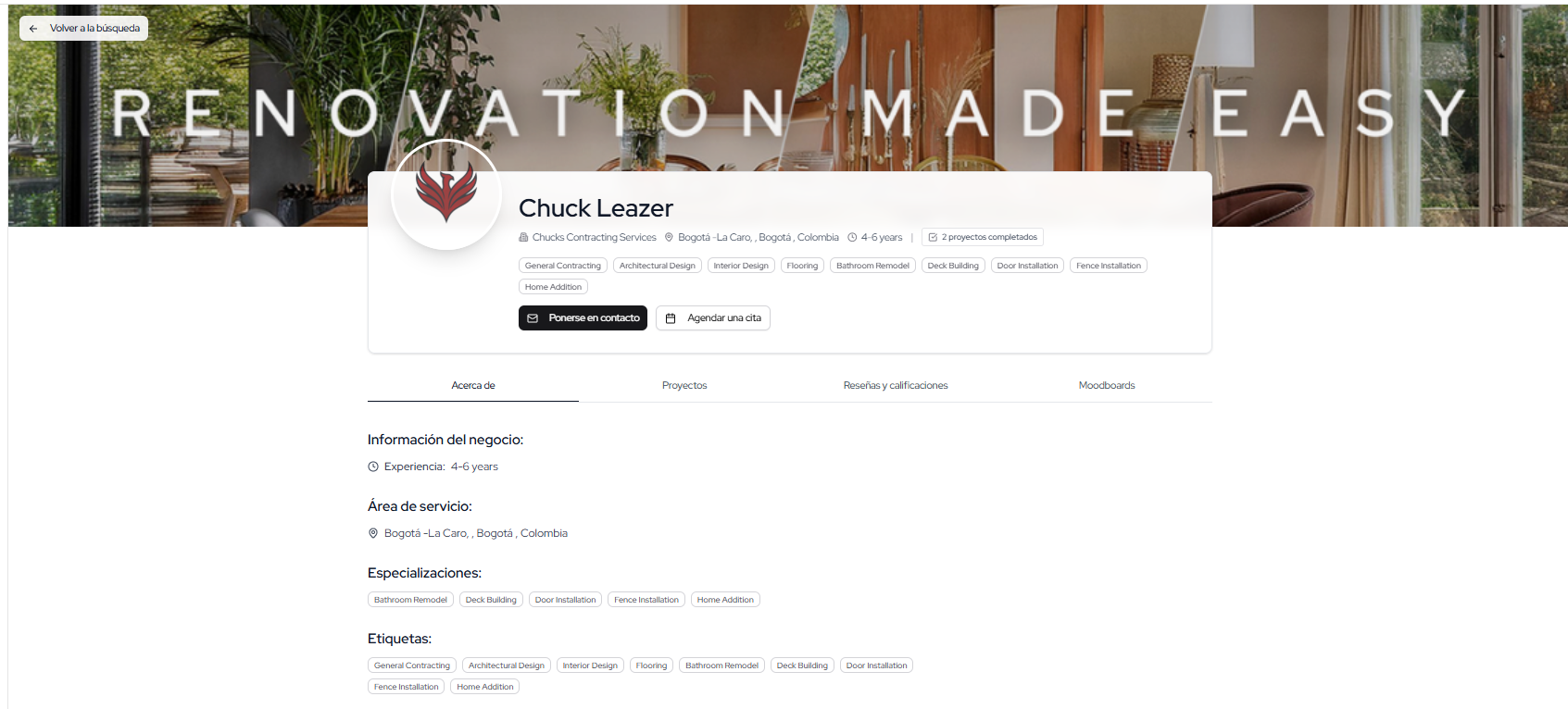 El perfil público y portafolio de un profesional de la remodelación en ReformAI